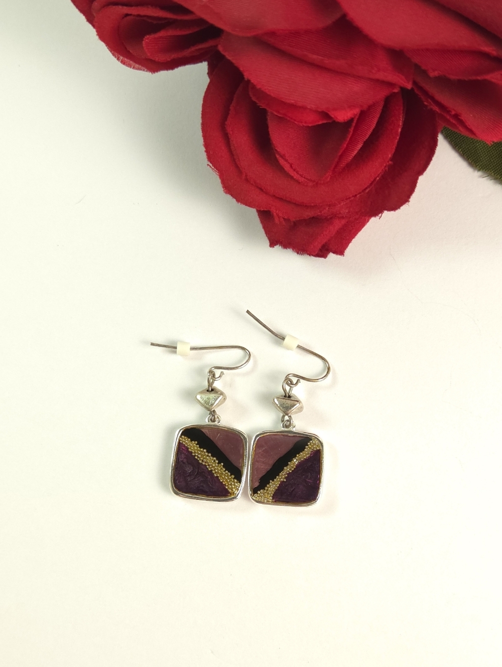 Silver Plated Metallic Purple & Liquid Gold Dotted Square Dangle Earrings